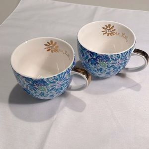 Lilly Pulitzer, “High Maintenance”, coffee/tea cups, blue/green/lilac/gold
